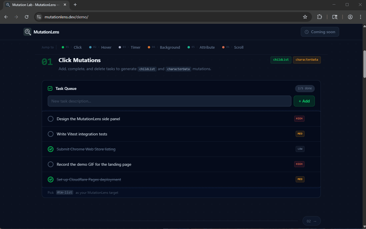 MutationLens — picking a container, recording mutations, and inspecting the timeline